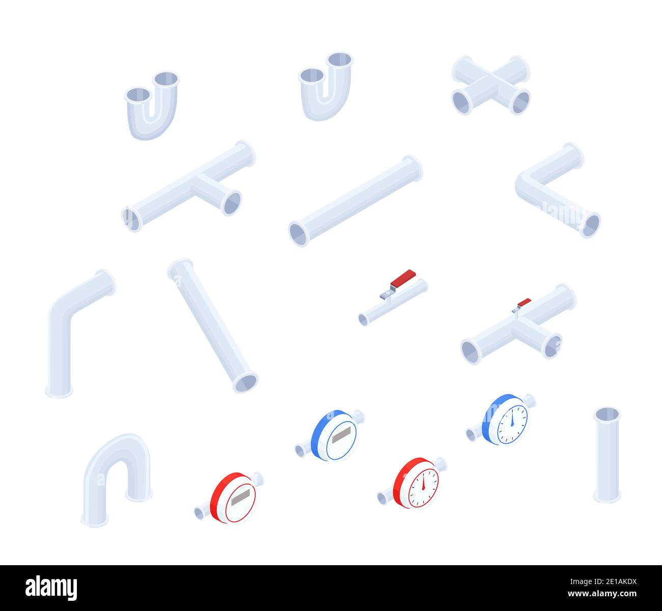 Vektor isometrischer Satz von Rohrleitungen und andere Elemente auf weiß isoliert.Isometrische Abbildung. Stock Vektor