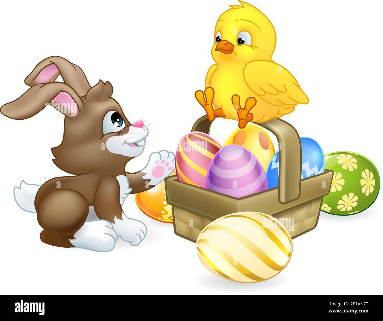 Ostereier Korb Bunny Kaninchen und Küken Cartoon Stock Vektor