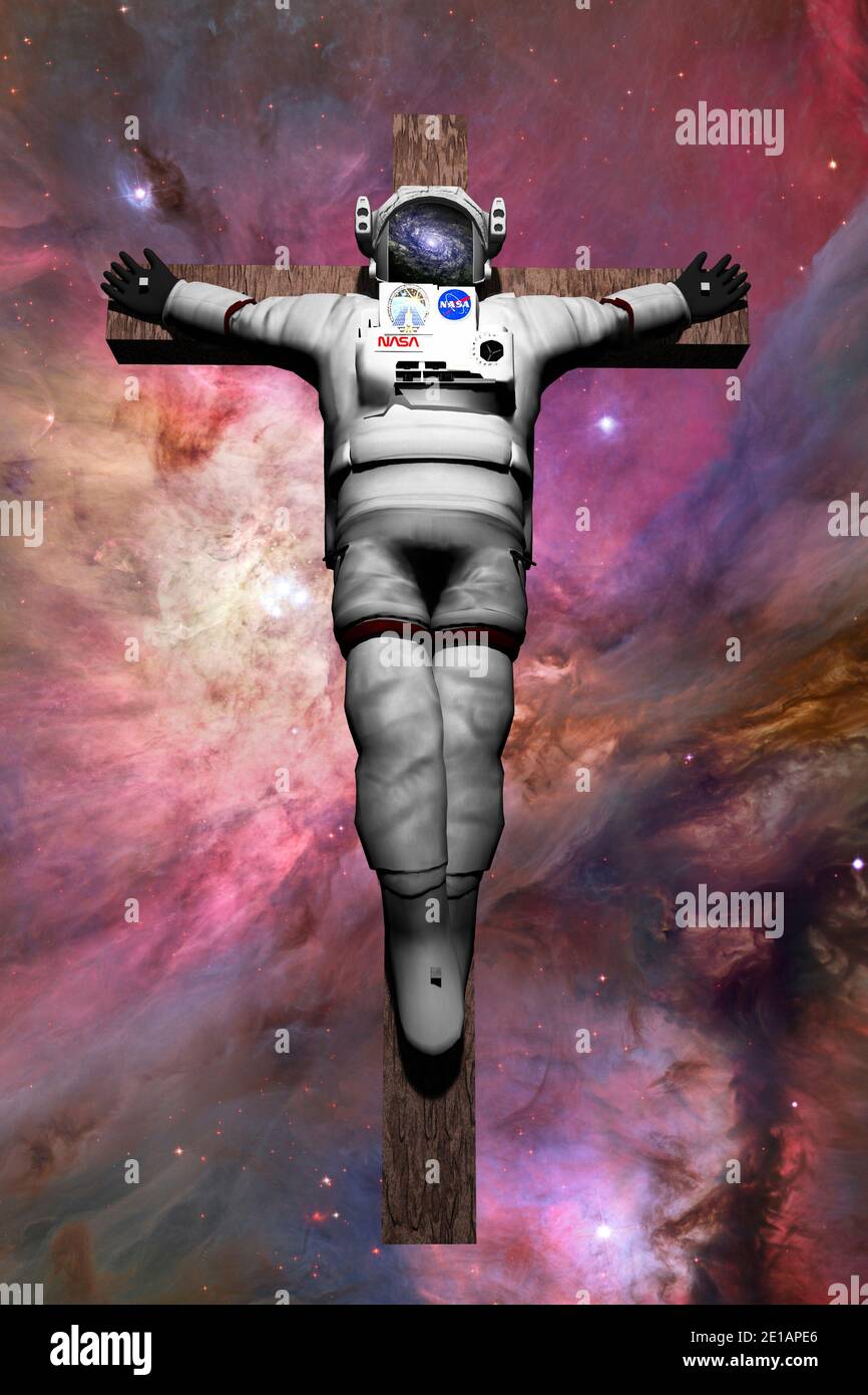 Gekreuzigter Astronaut im Weltraum. 3D-Rendering Stockfoto