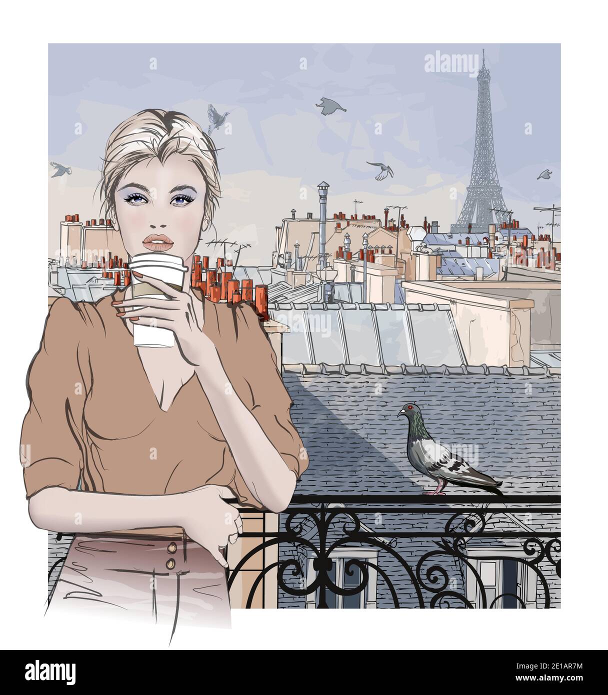 Frau trinkt Kaffee über Luftpanorama Stadtbild Ansicht von Paris, Frankreich mit dem Eiffelturm - Vektor-Illustration Stock Vektor