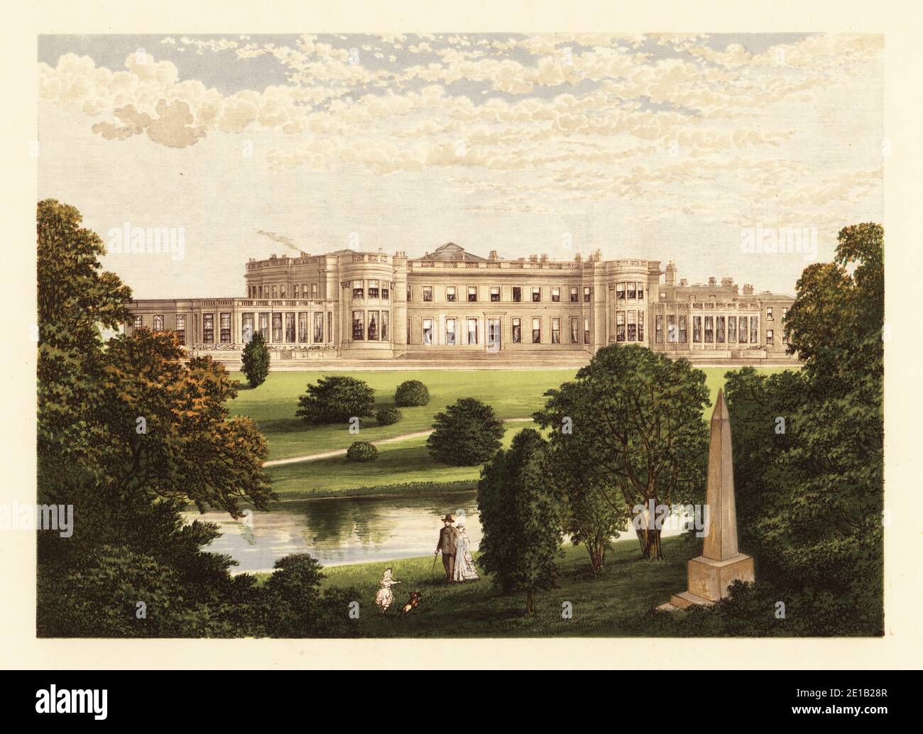 Wynyard Park, County Durham, England. Regency Neoklassizistisches Haus mit korinthischem Portikus erbaut 1828 von Benjamin Wyatt und Philip Wyatt für Charles Vane, 3. Marquess of Londonderry. Gärten mit Obelisk zum Gedenken an den Herzog von Wellington aus dem Jahr 1827. Farbholzschnitt von Benjamin Fawcett im Baxter-Prozess einer Illustration von Alexander Francis Lydon aus Reverend Francis Orpen Morris malerischen Ansichten der Sitze von Adligen und Herren aus Großbritannien und Irland, William Mackenzie, London, 1880. Stockfoto