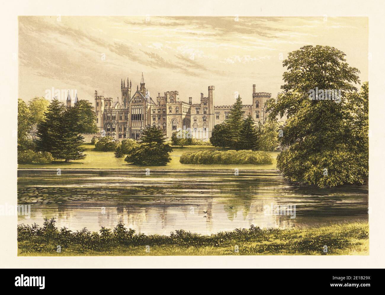 Alton Towers, Staffordshire, England. Georgianisches Herrenhaus im gotischen Stil mit formellen Gärten erbaut von Thomas Allason, William Hollins und Thomas Hopper im Jahr 1801 für Charles Talbot, 15. Earl of Shrewsbury. Gotische Türme von Augustus Pugin. Farbholzschnitt von Benjamin Fawcett im Baxter-Prozess einer Illustration von Alexander Francis Lydon aus Reverend Francis Orpen Morris malerischen Ansichten der Sitze von Adligen und Herren aus Großbritannien und Irland, William Mackenzie, London, 1880. Stockfoto