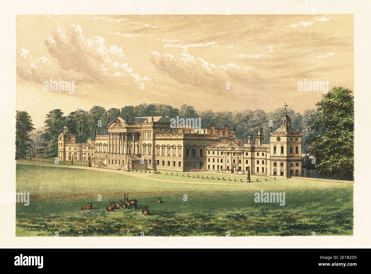 Wentworth Woodhouse, Yorkshire, England. Ostfront des Jakobshauses, das von Henry Flitcroft für Thomas Watson-Wentworth, Lord Malton, im 18. Jahrhundert umgebaut wurde. Die Westfront wurde im englischen Barockstil von Ralph Tunnicliffe umgebaut. Die Gärten wurden 1790 von Humphry Repton angelegt. Farbholzschnitt von Benjamin Fawcett im Baxter-Prozess einer Illustration von Alexander Francis Lydon aus Reverend Francis Orpen Morris malerischen Ansichten der Sitze von Adligen und Herren aus Großbritannien und Irland, William Mackenzie, London, 1880. Stockfoto