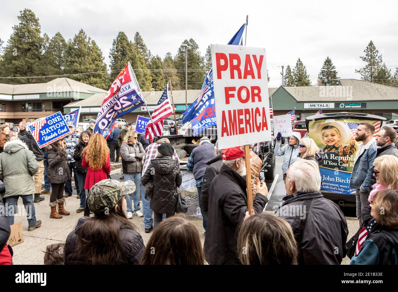 Coeur d'Alene, Idaho USA - 5. Januar 2021. Editorial Foto von einem Stopp der stehlen Freiheit Rallye in Coeur d'Alene, Idaho. Stockfoto