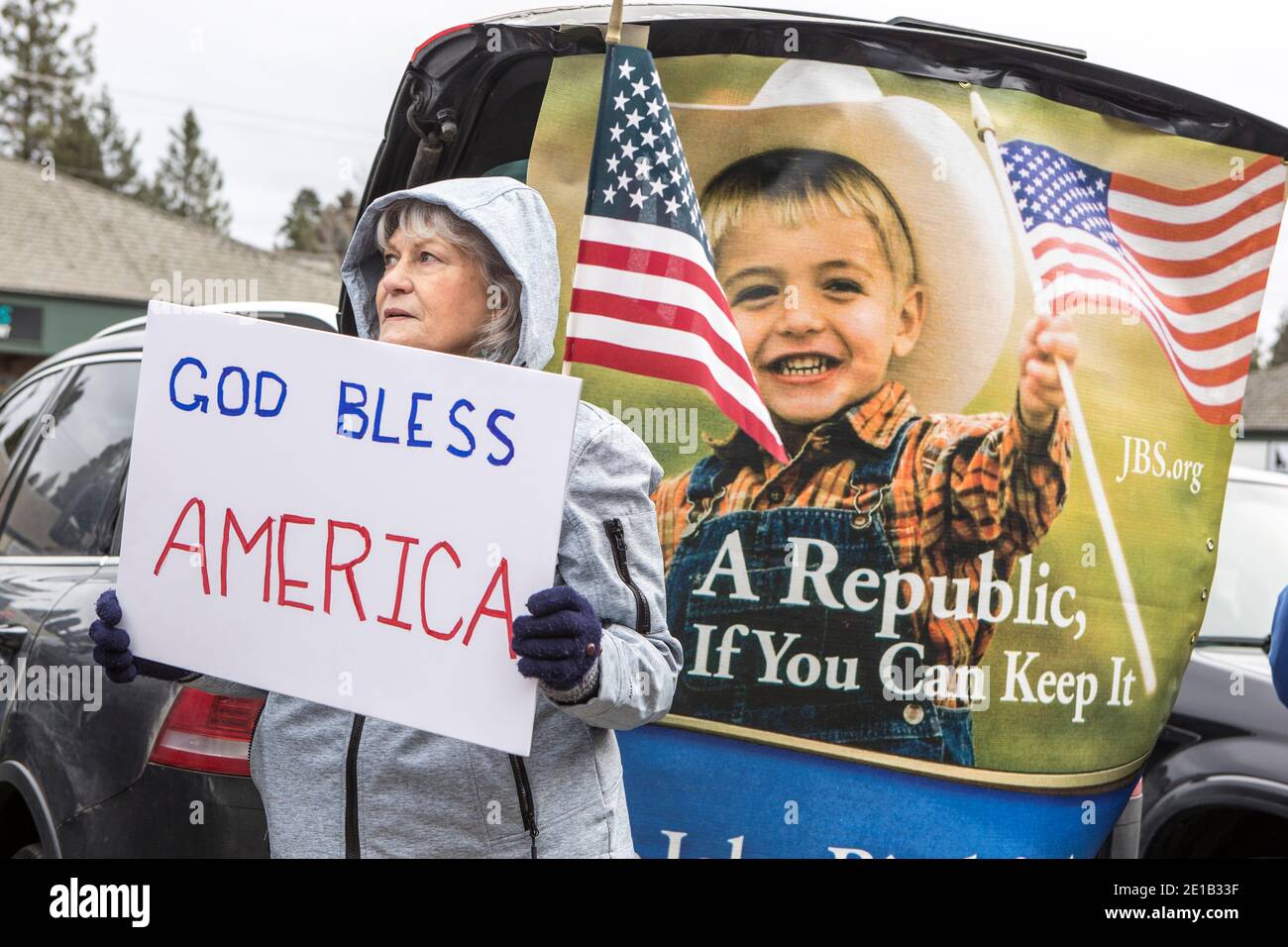 Coeur d'Alene, Idaho USA - 5. Januar 2021. Editorial Foto von einem Stopp der stehlen Freiheit Rallye in Coeur d'Alene, Idaho. Stockfoto