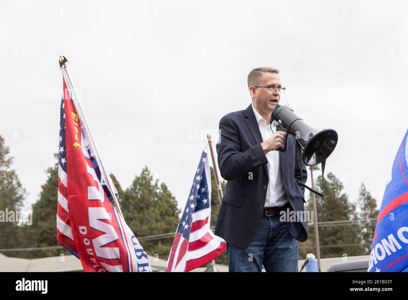 Coeur d'Alene, Idaho USA - 5. Januar 2021. Editorial Foto von einem Stopp der stehlen Freiheit Rallye in Coeur d'Alene, Idaho. Stockfoto