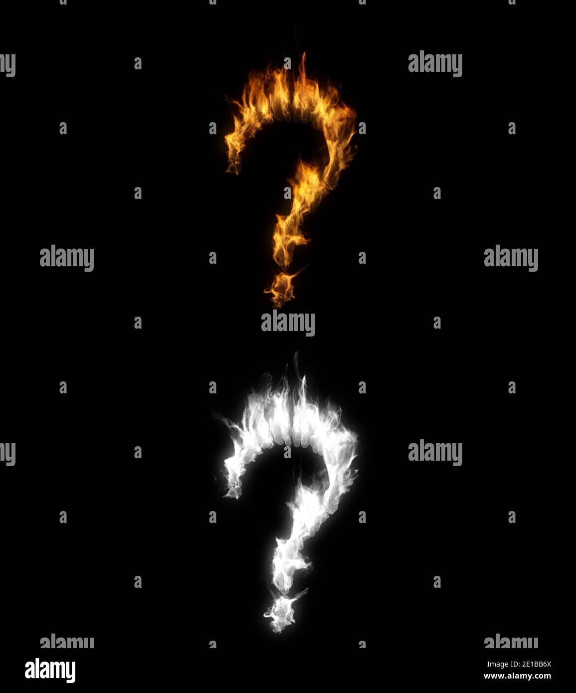 3D-Darstellung des Fragezeichen-Punktsymbols auf Feuer mit Alpha-Schicht Stockfoto