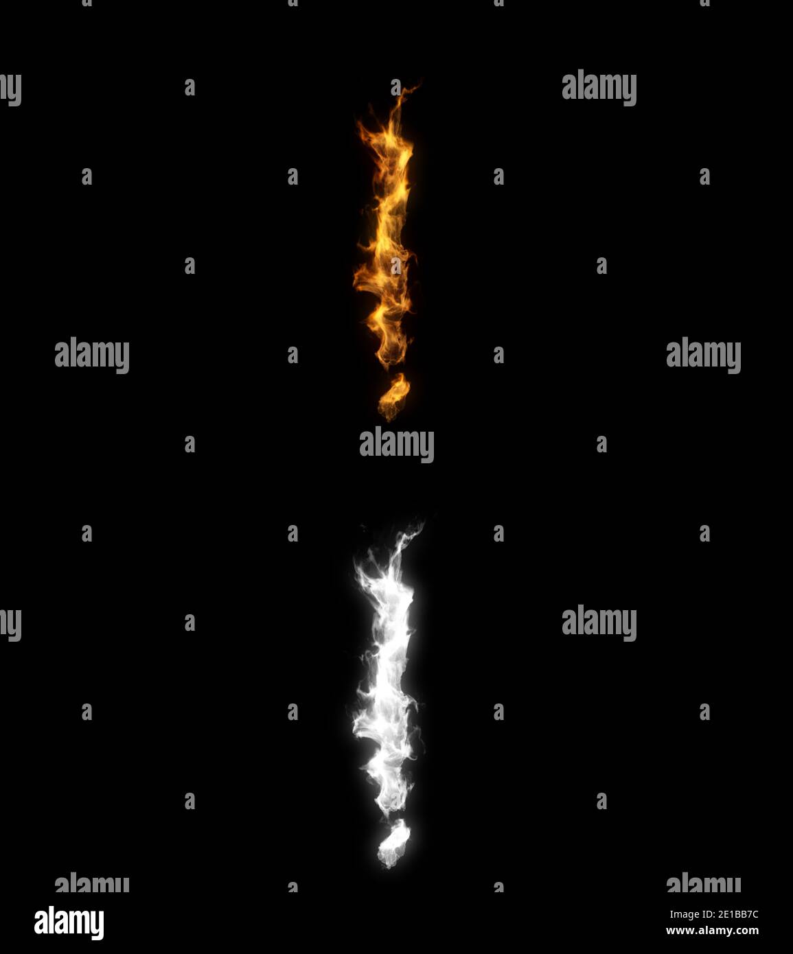 3D-Darstellung des Ausrufezeichensymbols auf Feuer mit Alpha-Schicht Stockfoto