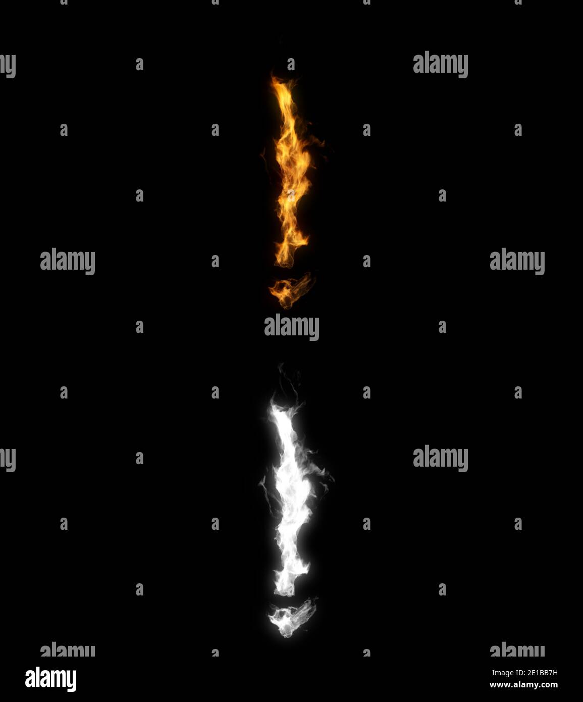 3D-Darstellung des Ausrufezeichensymbols auf Feuer mit Alpha-Schicht Stockfoto