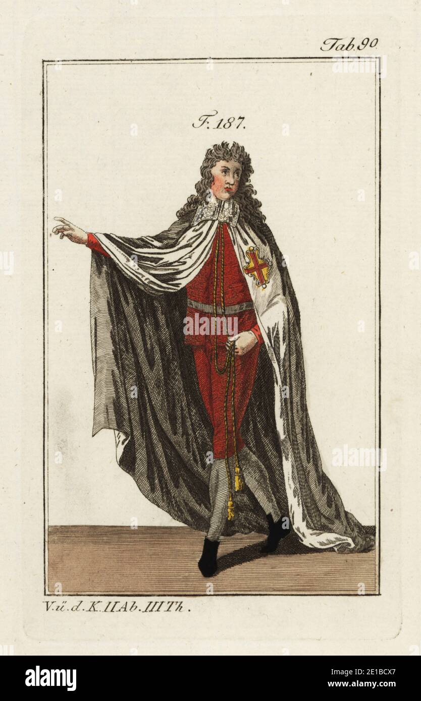 Ritter des Ordens von Alcantara in zeremoniellen Gewändern, mit Zisterzienserkreuz am Mantel. Der Orden von Alcantara war ein spanischer Militärorden, der 1176 gegründet wurde und die Zisterzienser-Herrschaft und -Tracht akzeptierte, ein weißer Mantel mit scharlachem Überkreuz. Kopiert nach einer Illustration von Christoph Weigel in Philipp Bonannis Ritter-ordern, 1728. Handkolorierter Kupferstich aus Robert von Spalarts historischem Bild der Kostüme der Hauptleute der Antike und des Mittelalters, Wien, 1802. Stockfoto