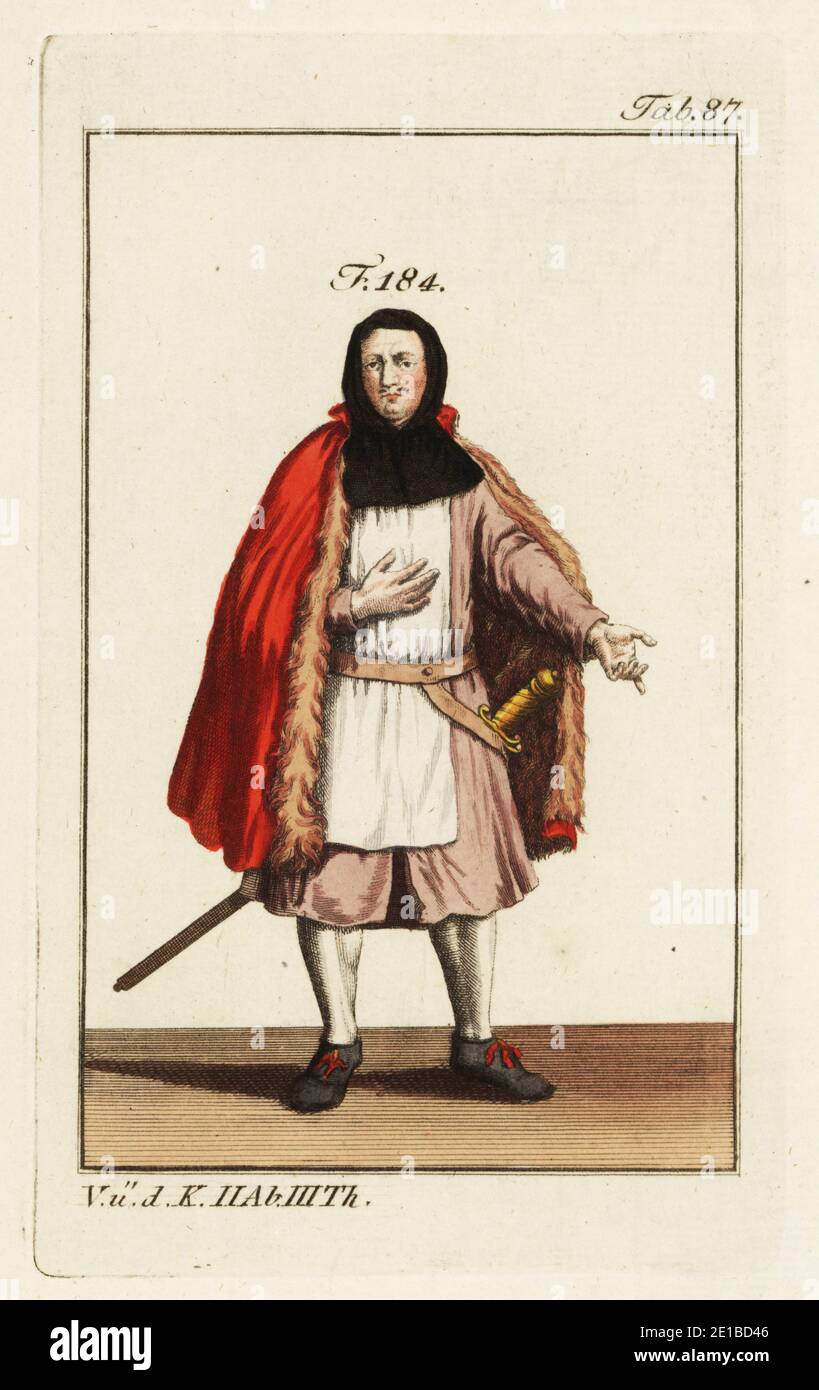 Ritter des Ordens von Calatrava in schwarzer Kapuze, mit Fell gefüttertem Cape, Tunika und Schürze, mit einem Schwert bewaffnet. Gegründet in Kastilien im 12. Jahrhundert als spanischer militärischer Zweig der Zisterzienser. Kopiert nach einer Illustration von Christoph Weigel in Philipp Bonannis Ritter-ordern, 1728. Handkolorierter Kupferstich aus Robert von Spalarts historischem Bild der Kostüme der Hauptleute der Antike und des Mittelalters, Wien, 1802. Stockfoto