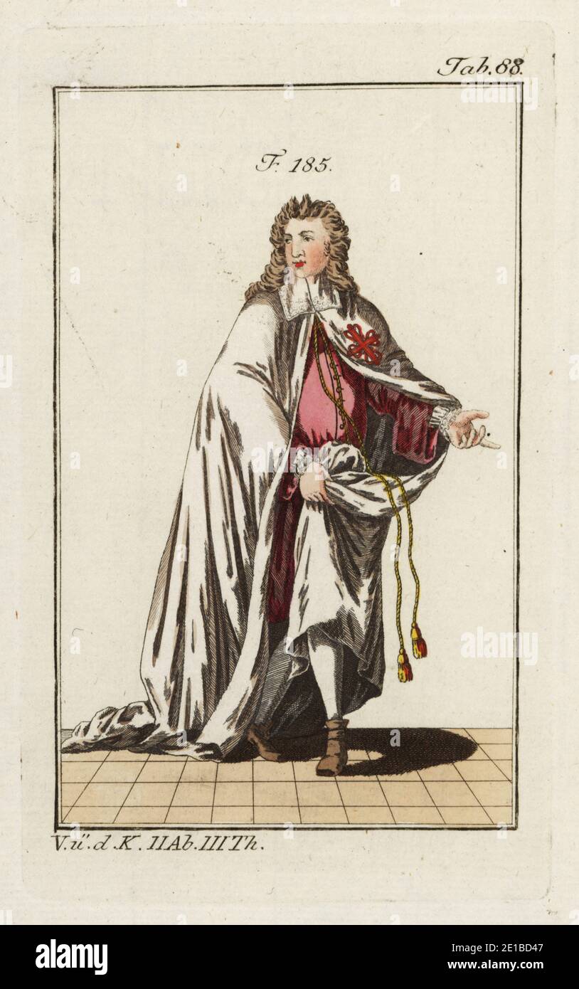 Ritter des Ordens von Calatrava in zeremoniellen Gewändern aus weißem Mantel und roter Gewohnheit. Gegründet in Kastilien im 12. Jahrhundert als spanischer militärischer Zweig der Zisterzienser. Kopiert nach einer Illustration von Christoph Weigel in Philipp Bonannis Ritter-ordern, 1728. Handkolorierter Kupferstich aus Robert von Spalarts historischem Bild der Kostüme der Hauptleute der Antike und des Mittelalters, Wien, 1802. Stockfoto