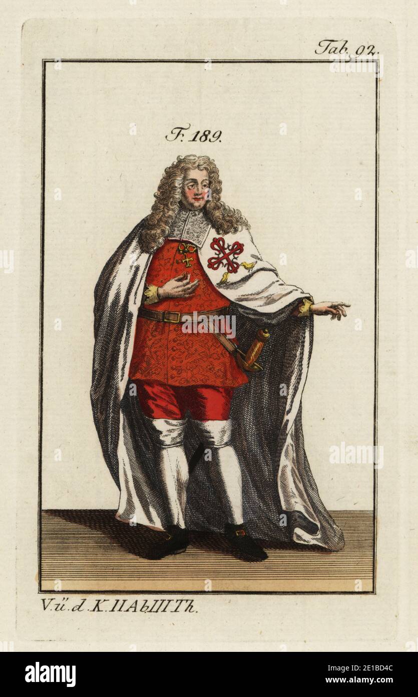 Ritter des Ordens von Aviz in zeremoniellen Gewändern. Portugiesischer religiöser Militärbefehl. Sie trugen Zisterziensergewohnheit, einen weißen Mantel mit einem grünen Fleur-de-lysierten Kreuz., über einer scharlachroten Tunika. Kopiert nach einer Illustration von Christoph Weigel in Philipp Bonannis Ritter-ordern, 1728. Handkolorierter Kupferstich aus Robert von Spalarts historischem Bild der Kostüme der Hauptleute der Antike und des Mittelalters, Wien, 1802. Stockfoto