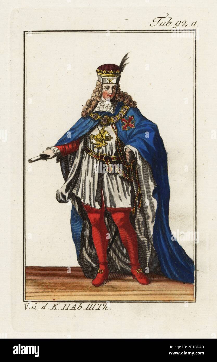 Ritter des Ordens von Konstantin in zeremoniellen Gewändern aus blauem Mantel, weißer Tunika und scharlachem Schlauch. Angeblich in AD343 vom römischen Kaiser Konstantin gegründet worden. Es erhielt seine offiziellen Regeln und Statuten im Jahr 1190 von Isaac-Angelus Commenus, Kaiser von Konstantinopel. Das Zeichen des Ordens ist ein rotes Kreuz, das aus vier Fleur-de-Lis besteht, umgeben von einer Grenze aus Gold. Kopiert nach einer Illustration von Christoph Weigel in Philipp Bonannis Ritter-ordern, 1728. Handkolorierter Kupferstich aus Robert von Spalart's Historisches Bild der Kostüme des Hauptvolks der Antike an Stockfoto
