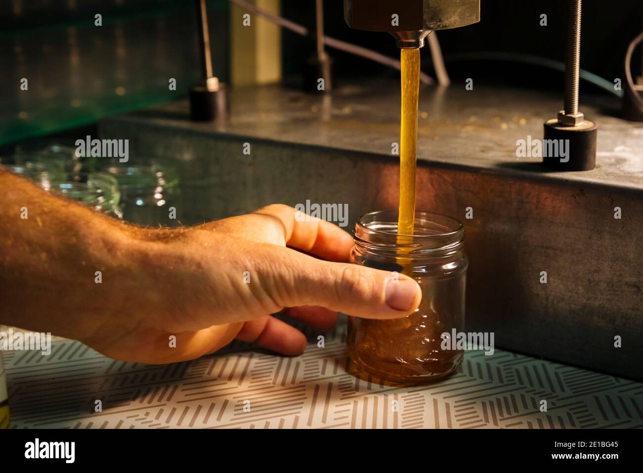Bienenzucht in Beaucaire (Südostfrankreich): Honig wird in ein Glas gelegt, Imkerei 'Au miel oczitan' Stockfoto