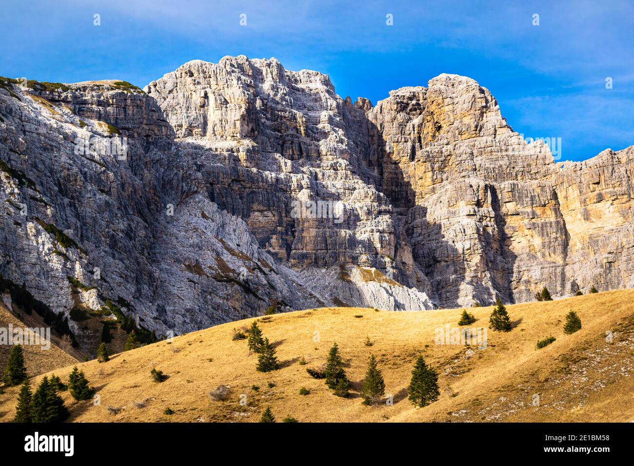 Panorama mit blauem Himmel, felsigen Bergen und von Bäumen gesäumten Hängen. Sass de Mura und Monte Alvis. Cesiomaggiore, Belluno, Italien Stockfoto