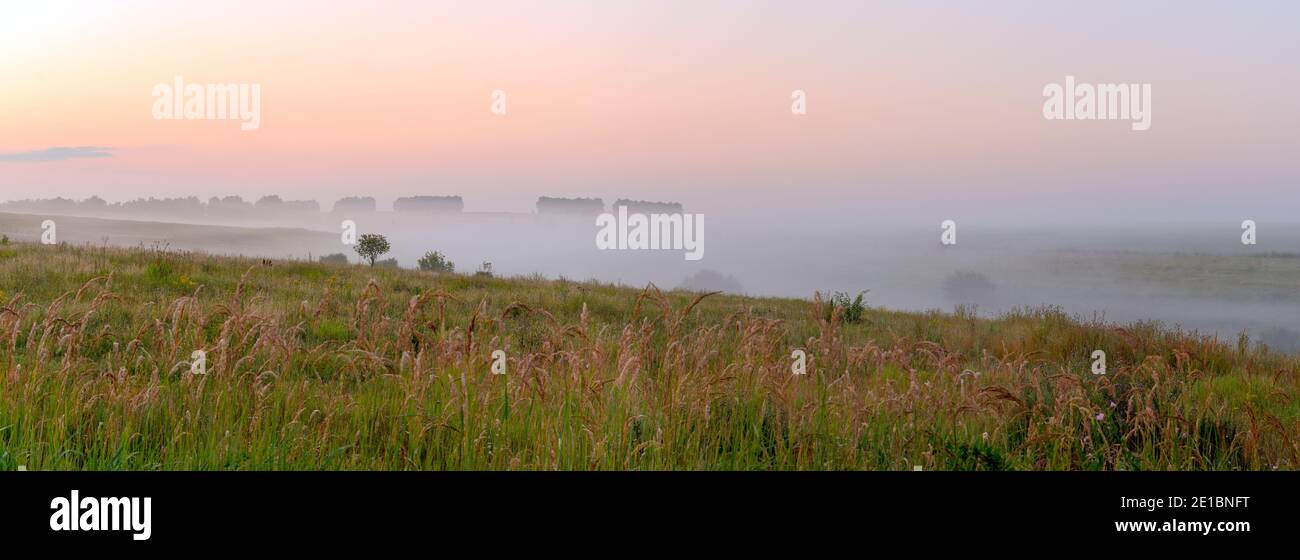 Panoramablick auf Felder und grüne Hügel während nebligen Sonnenaufgang. Stockfoto