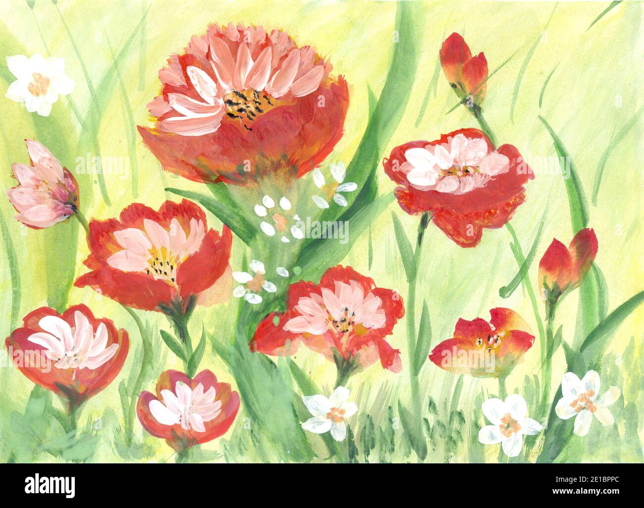 Landschaft von bunten Blumen Aquarell Malerei. Original Gemälde von Blumen, schöne Sommerfeld von Blumen. Stockfoto