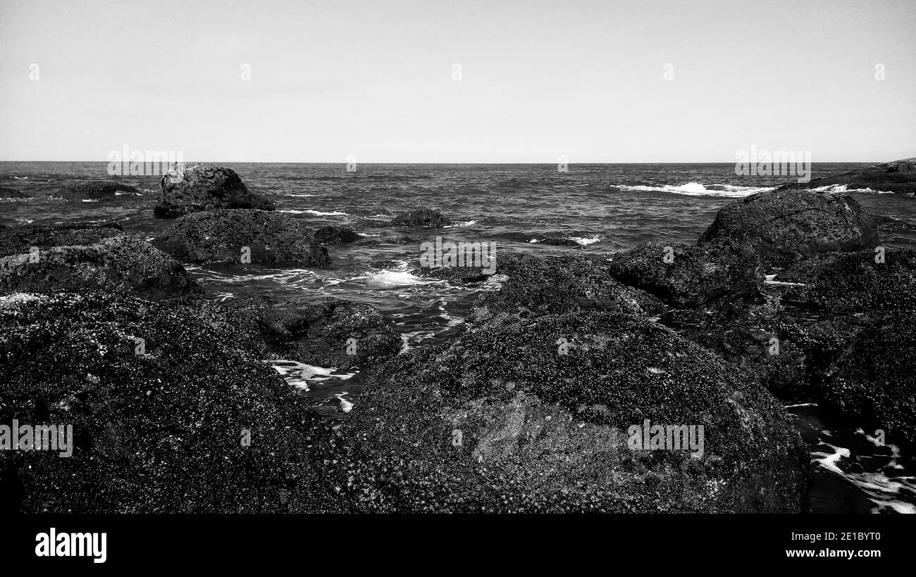 Meeresküste mit gefährlichen Felsen und welligen Ozean Stockfoto