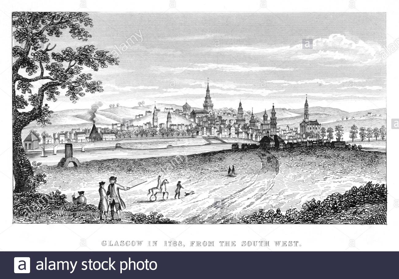 Ansicht von Glasgow aus dem Südwesten 1768, Vintage-Illustration von 1881 Stockfoto