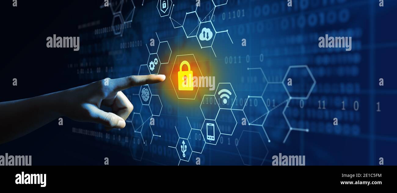 Geschäftsmann, der Cyber-Sicherheit, Datenschutz und Datenschutz nutzt, um einen Cyber-Angriff zu blockieren. Hintergrund der Weltkarte. Stockfoto