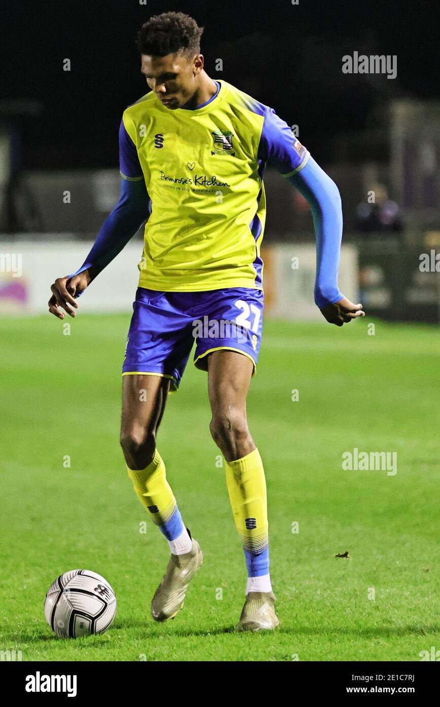 SOLIHULL, ENGLAND. 5. JANUAR Kyle Hudlin vom Solihull Moors FC während des Vanaram National League-Spiels zwischen Solihull Moors und Chesterfield im Damson Park, Solihull am Dienstag, 5. Januar 2021 (Credit: James Holyoak) Credit: MI News & Sport /Alamy Live News Stockfoto