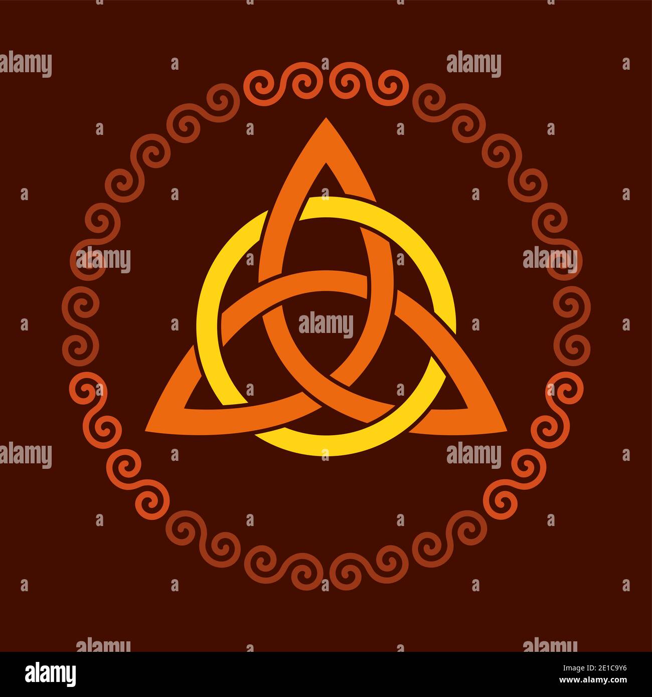 Farbige Triquetra mit Kreis, innerhalb eines kreisförmigen Spiralrahmens. Dreieckiger keltischer Knoten, eine Figur, die in der antiken christlichen Ornamentik verwendet wird. Stockfoto