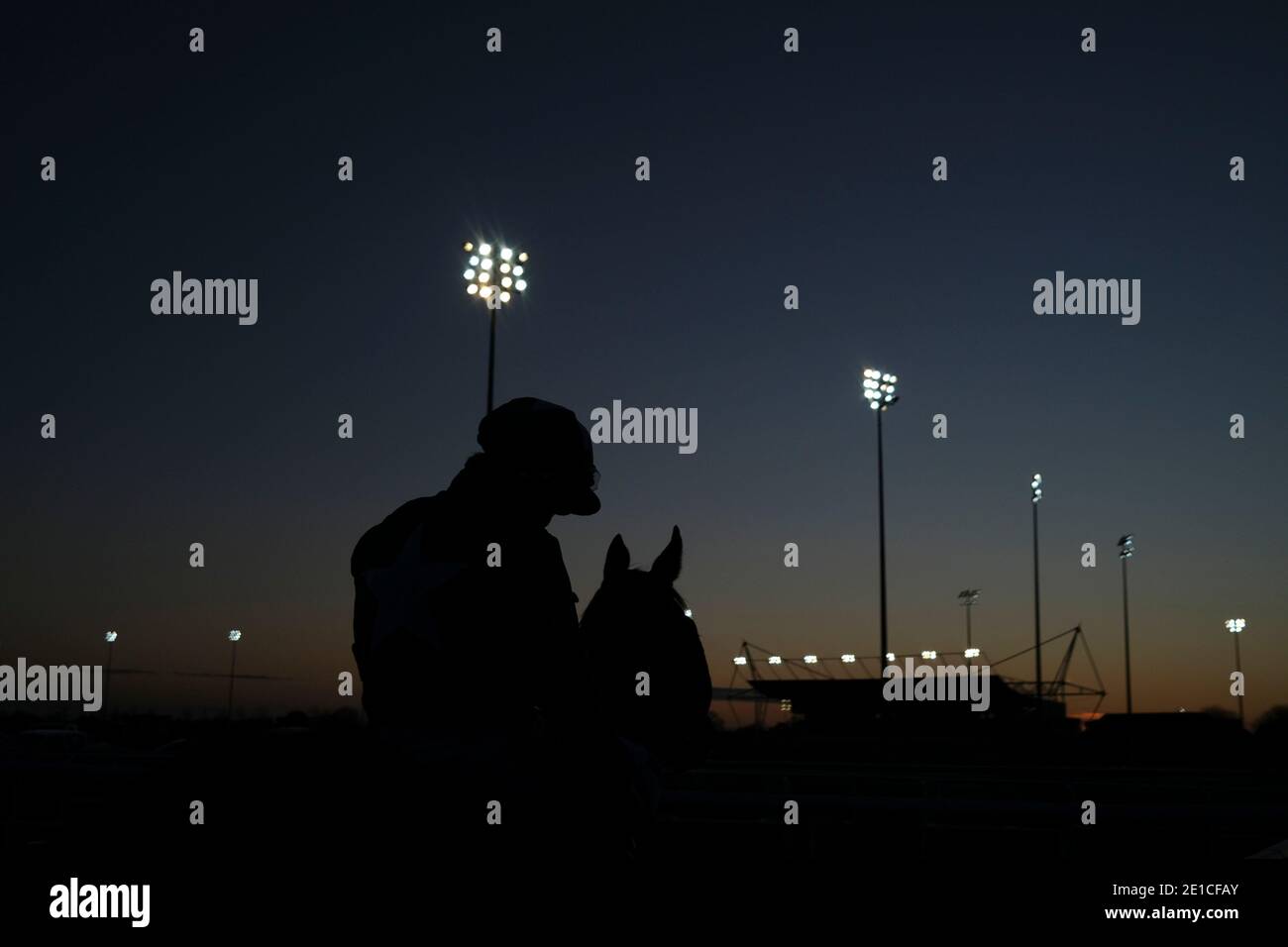 Ein allgemeiner Blick auf die Läufer am Start für die Racing TV klassifizierten Anteile auf Kempton Park Racecourse. Stockfoto