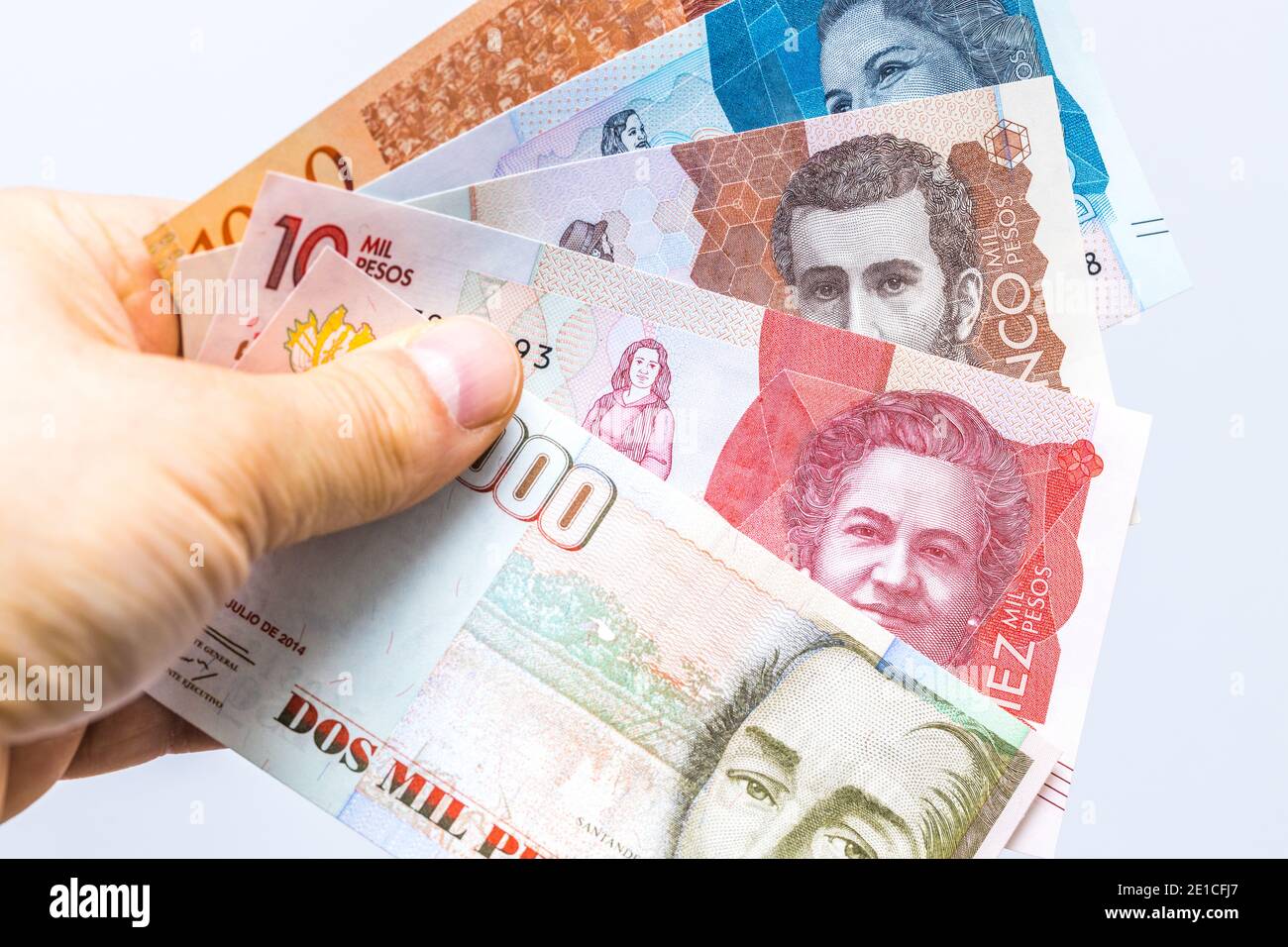 Währung von kolumbien, verschiedene Peso-Banknoten in der Hand gehalten Stockfoto