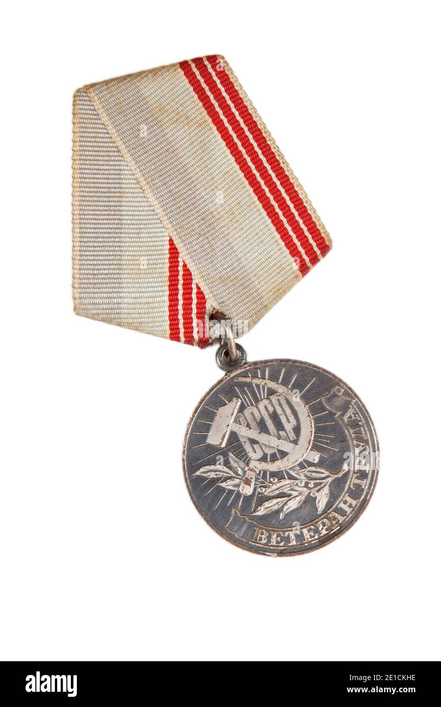 Für die Medaille "Veteran of Labor" muss Berufserfahrung von mehr als 40 Jahren haben. Isoliert auf weißem Hintergrund. Illustrative Editorial. Stockfoto