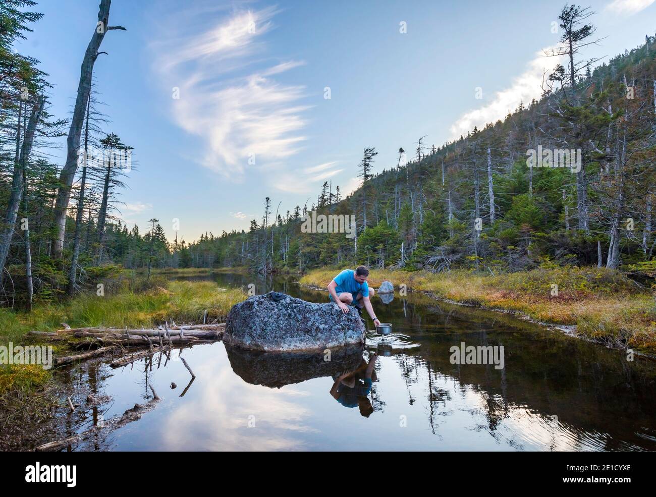 Mann, der Wasser aus dem Teich, New York, USA, nimmt Stockfoto
