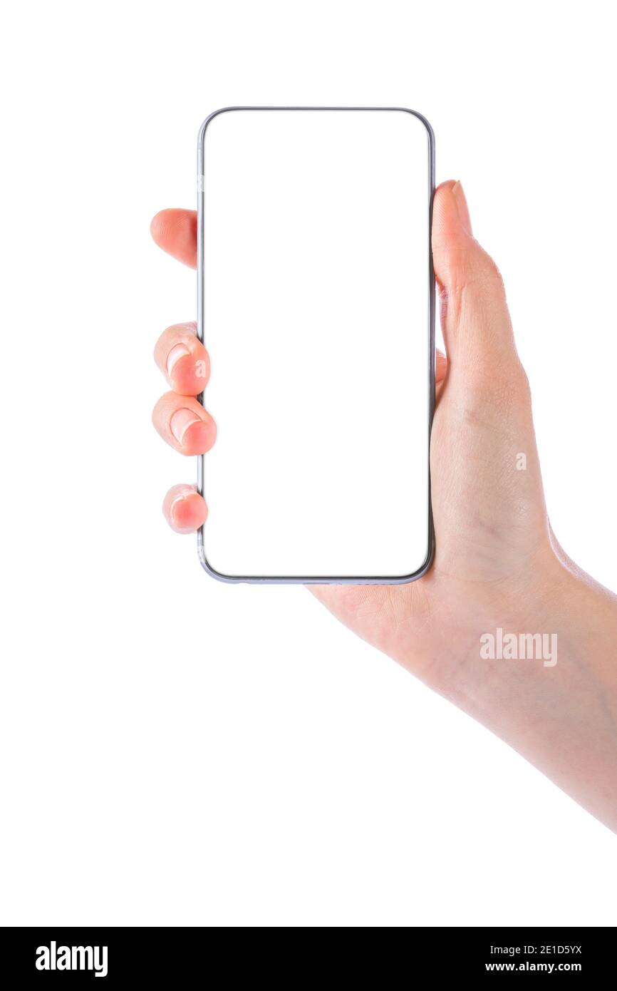 Junge Mädchen Hände halten Schwarz smart phone auf weißem Freistellungspfad innerhalb von isolierten Stockfoto