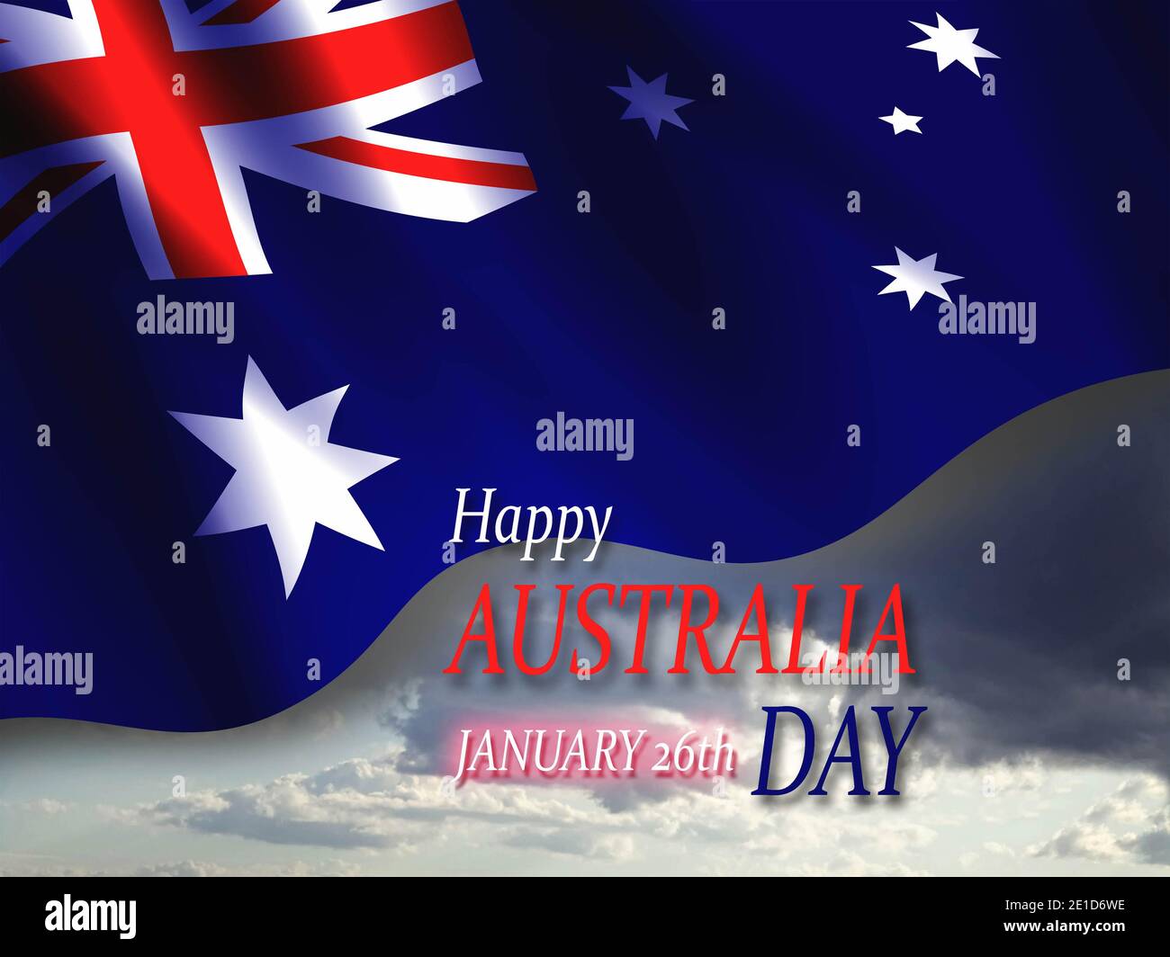 Happy Australia Day - 26. Januar, grunge USA Flagge, Wolken im Hintergrund, Illustration Stockfoto