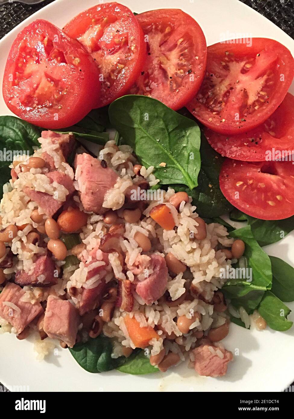Hoppin' John ist ein Grundnahrungsmittel des südlichen Tisches und wird am Neujahrstag für viel Glück im kommenden Jahr, USA, gegessen Stockfoto