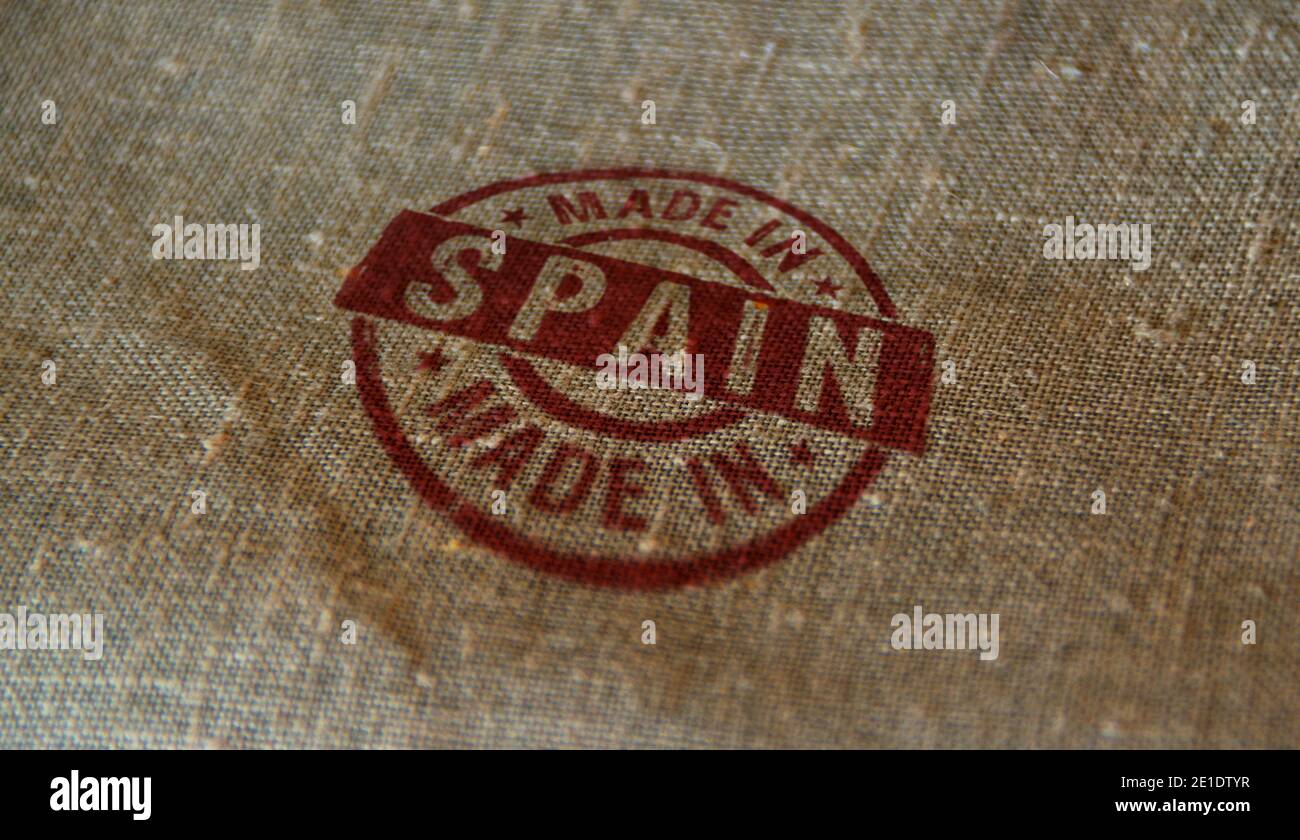 Made in Spain Stempel auf Leinensack gedruckt. Fabrik-, Fertigungs- und Produktionslandkonzept. Stockfoto