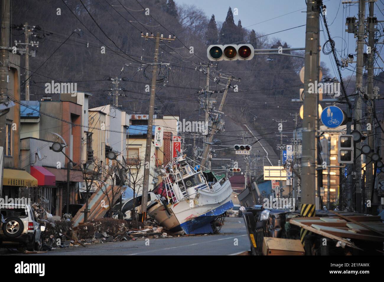 Ansichten der beschädigten Stadt Miyako, Präfektur Iwate in Japan am 13. März 2011 nach dem größten Erdbeben in der Geschichte Japans, gefolgt von einem Tsunami. Foto von Thierry Orban/ABACAPRESS.COM Stockfoto