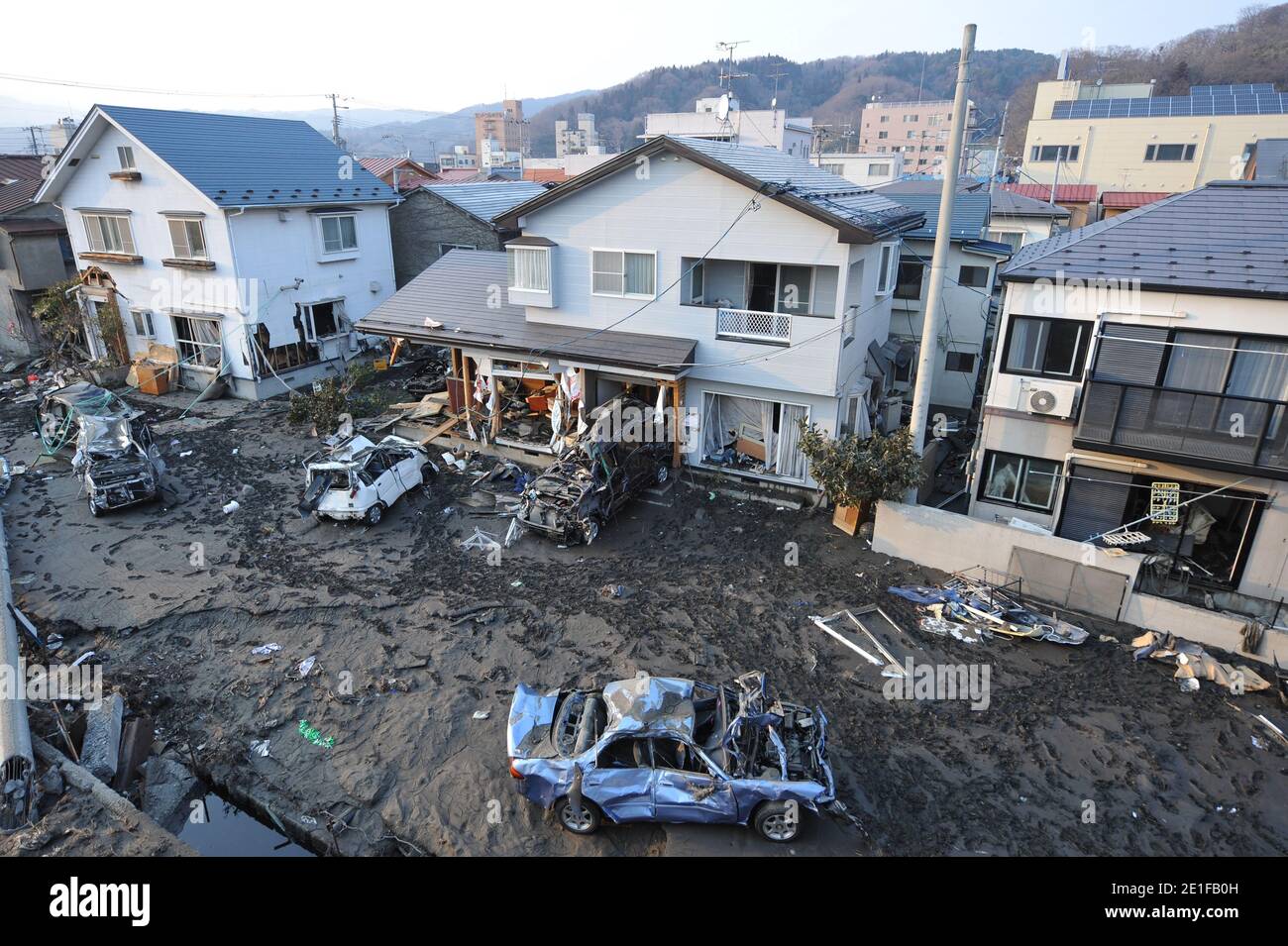 Ansichten der beschädigten Stadt Miyako, Präfektur Iwate in Japan am 13. März 2011 nach dem größten Erdbeben in der Geschichte Japans, gefolgt von einem Tsunami. Foto von Thierry Orban/ABACAPRESS.COM Stockfoto