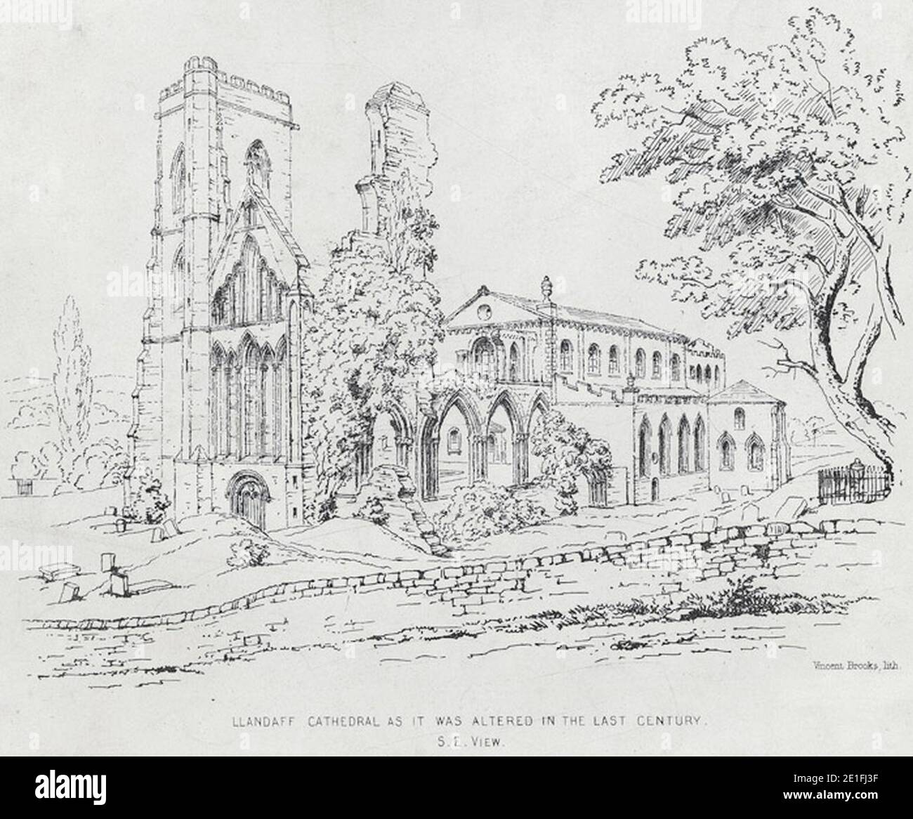 Llandaff Kathedrale, wie es im letzten Jahrhundert verändert wurde - S. E. Ansicht. Stockfoto