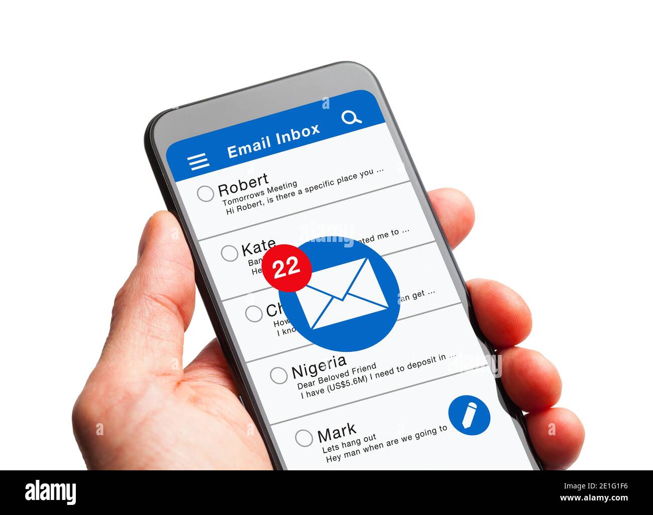 Hand halten Smartphone mit E-Mail-Posteingang Nachrichten. Stockfoto