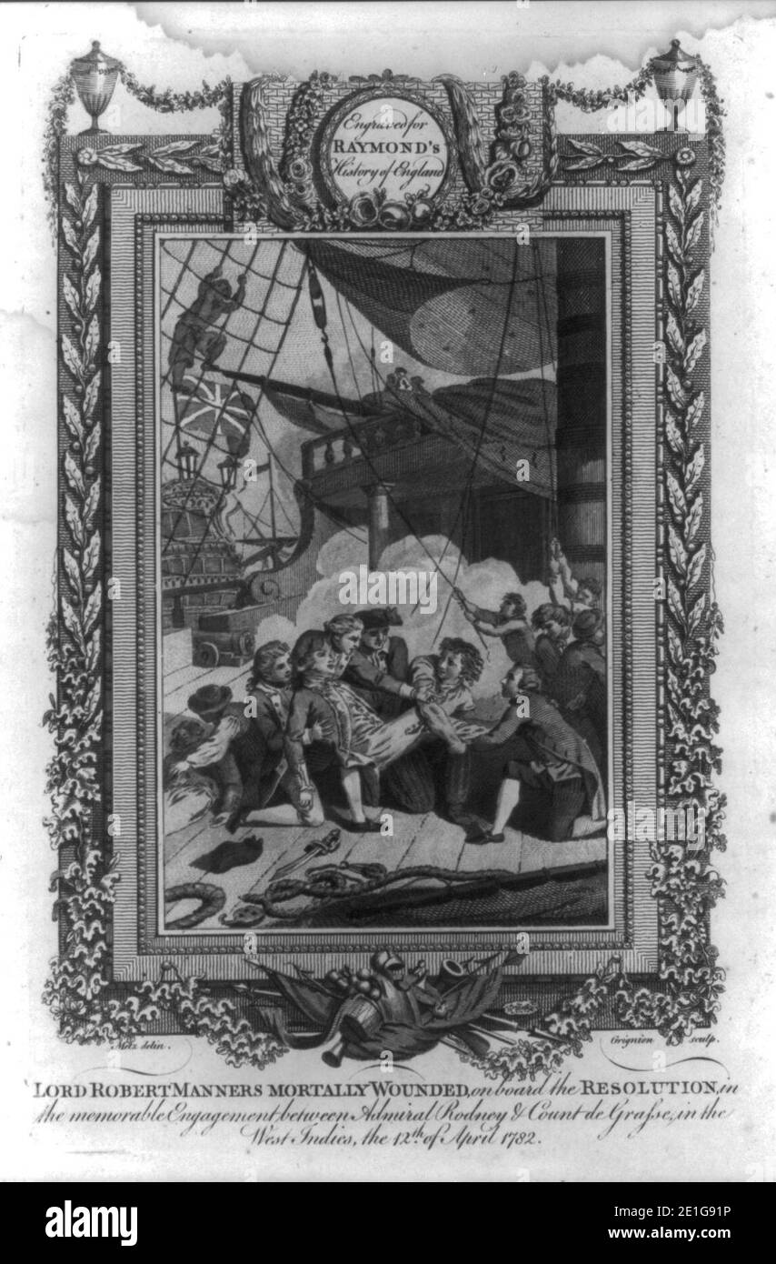 Lord Robert Manners tödlich verletzt, an Bord der Resolution, in der denkwürdigen Engagement zwischen Admiral Rodney & Graf von Grasse, in den Westindien, am 12. April 1782 - Metz delin. Stockfoto