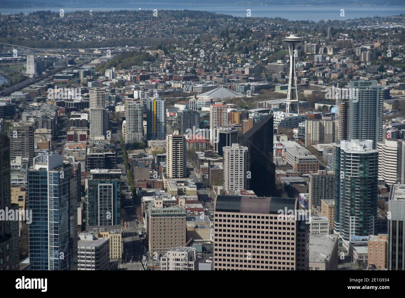 Luftaufnahme von Seattle mit der Space Needle vom Skyview Observatory, Washington, USA Stockfoto