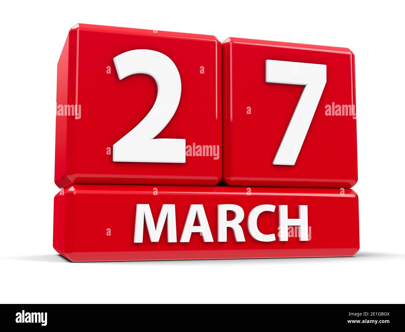 Rote Würfel - die zwanzig Siebten März - auf einem weißen Tisch - World Theatre Day, dreidimensionale Rendering, 3D-Illustration Stockfoto