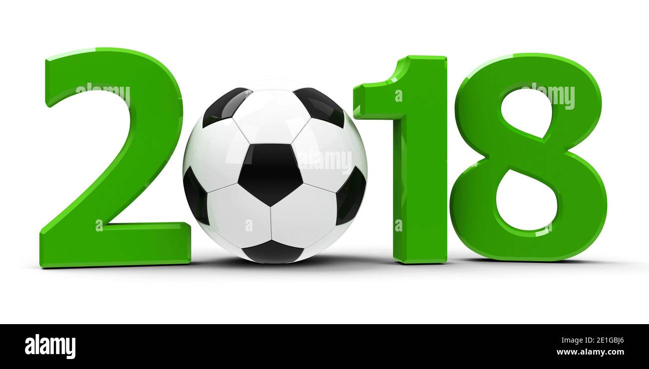 Grün 2018 mit Fußball auf weißem Hintergrund, stellt Wm 2018 - Russland Fußball-Europameisterschaft, dreidimensionale Rendering, 3D-Illus Stockfoto