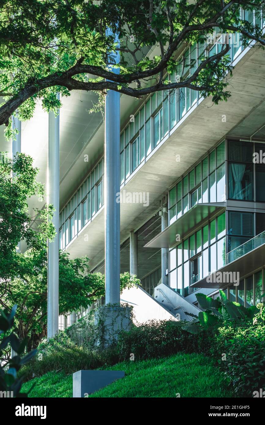 Außenansicht der School of Design and Environment, National University of Singapore (SDE4) Singapurs erstes neu erbautes Net-Zero Energy Building. Stockfoto