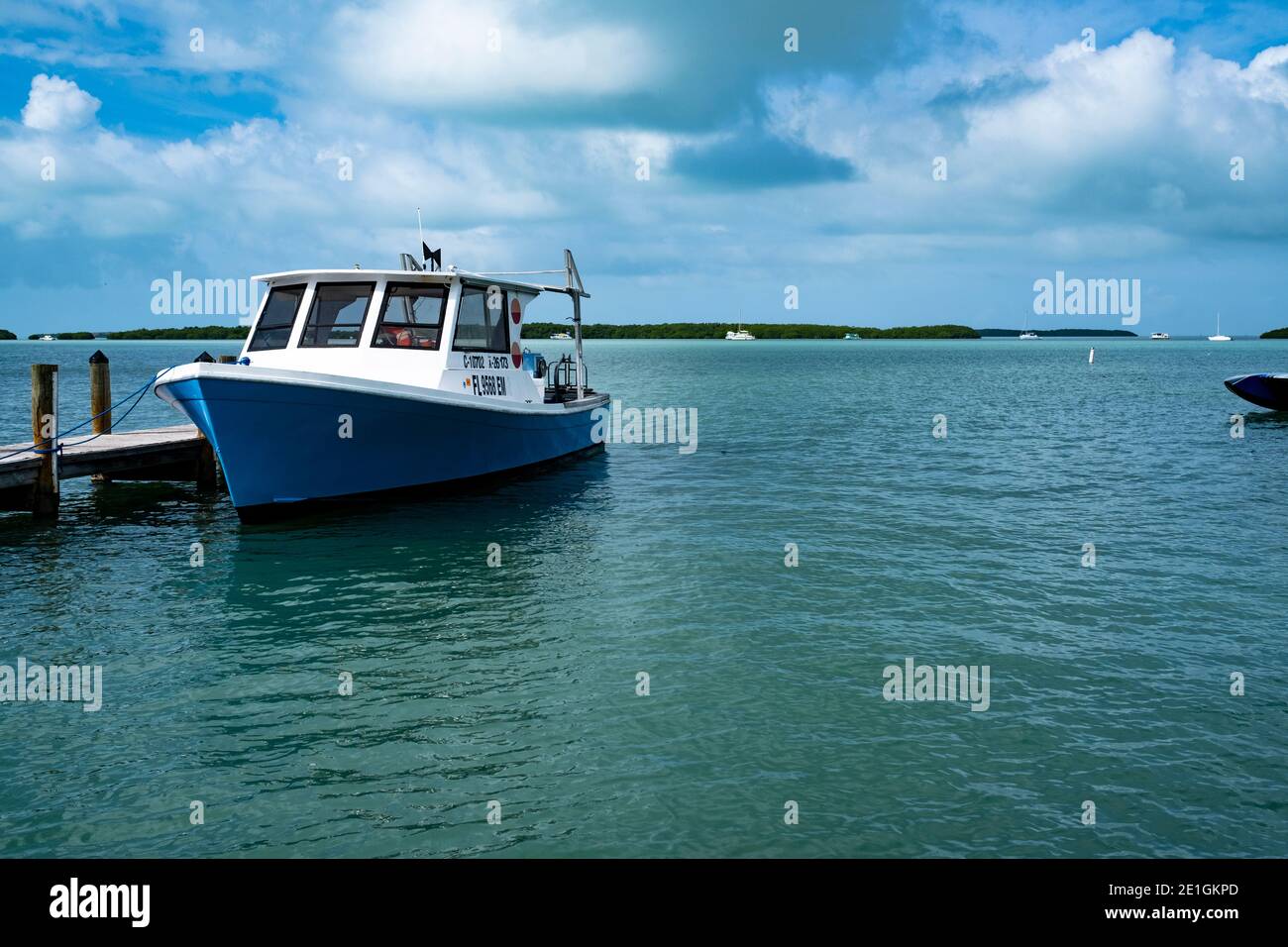 Boot am Dock. Islamorada, Florida Stockfoto