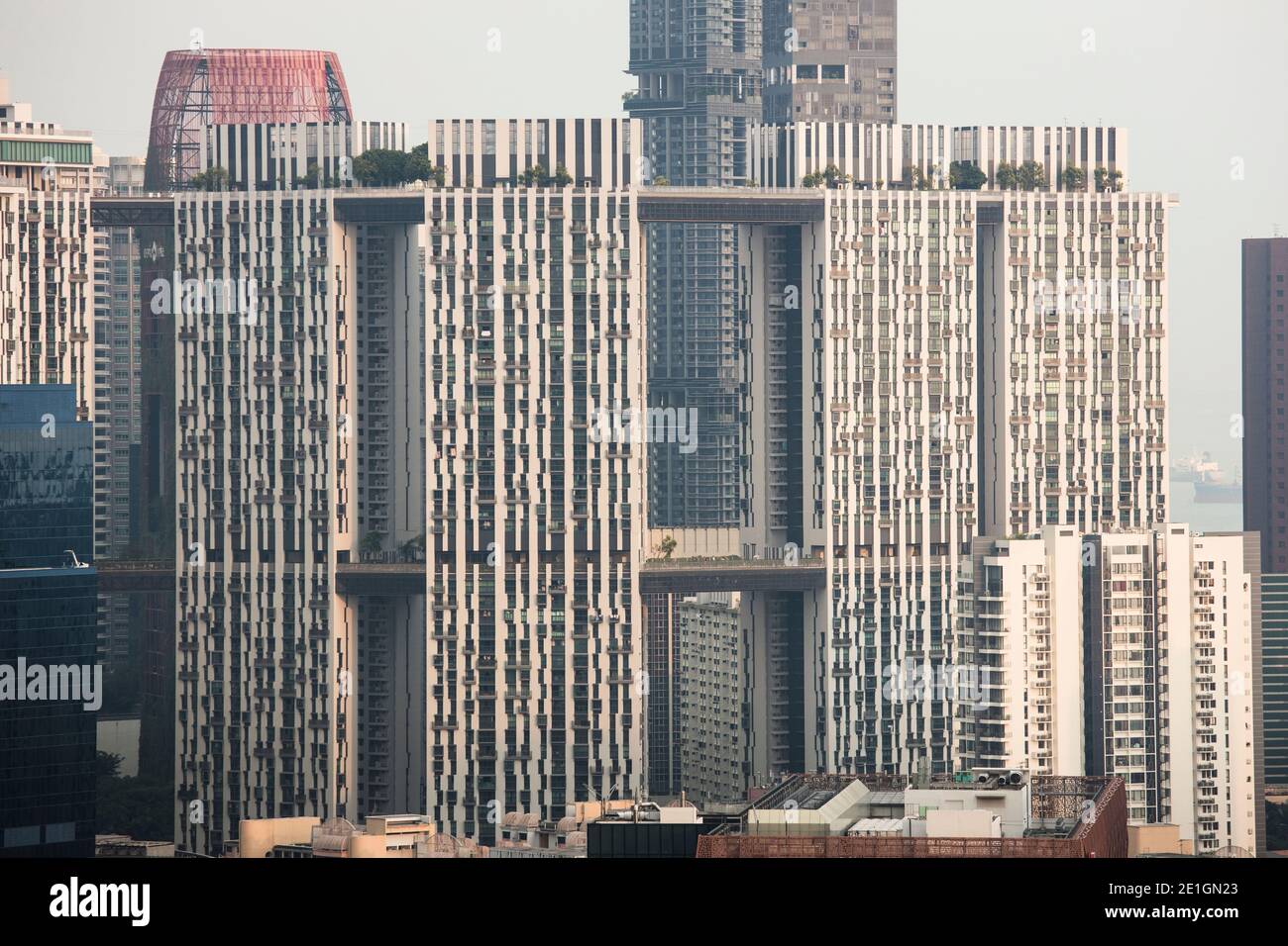 Außenansicht des Pinnacle in Duxton, einer 50-stöckigen sozialen Wohnanlage in Singapur, mit Himmel- und Dachgärten und Skybridges, die jeden Block verbinden. Stockfoto