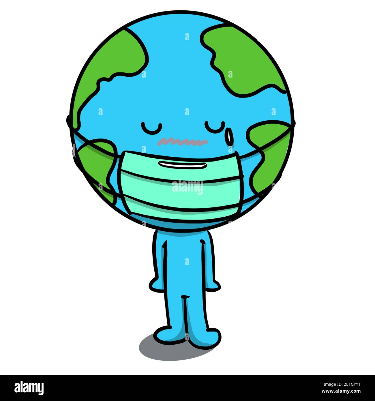 Isoliert Cute Doodle Cartoon Charakter des Planeten Erde trägt medizinische Maske auf weißem Hintergrund. Konzept für schwere Epidemie, wenn die Welt in Problem. C Stockfoto