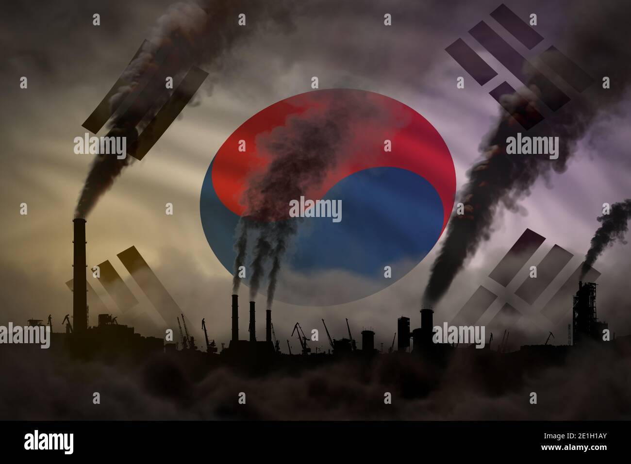 Dunkle Verschmutzung, Kampf gegen den Klimawandel Konzept - industrielle 3D-Illustration von Industrierohren dichten Rauch auf Republik Korea (Südkorea) Fla Stockfoto