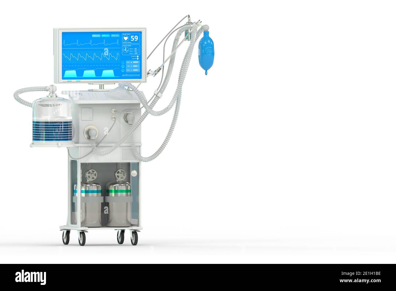 ICU künstlicher Lungenventilator mit fiktivem Design, isometrische Ansicht isoliert auf weiß - Kampf covid-19 Konzept, medizinische 3D-Illustration Stockfoto