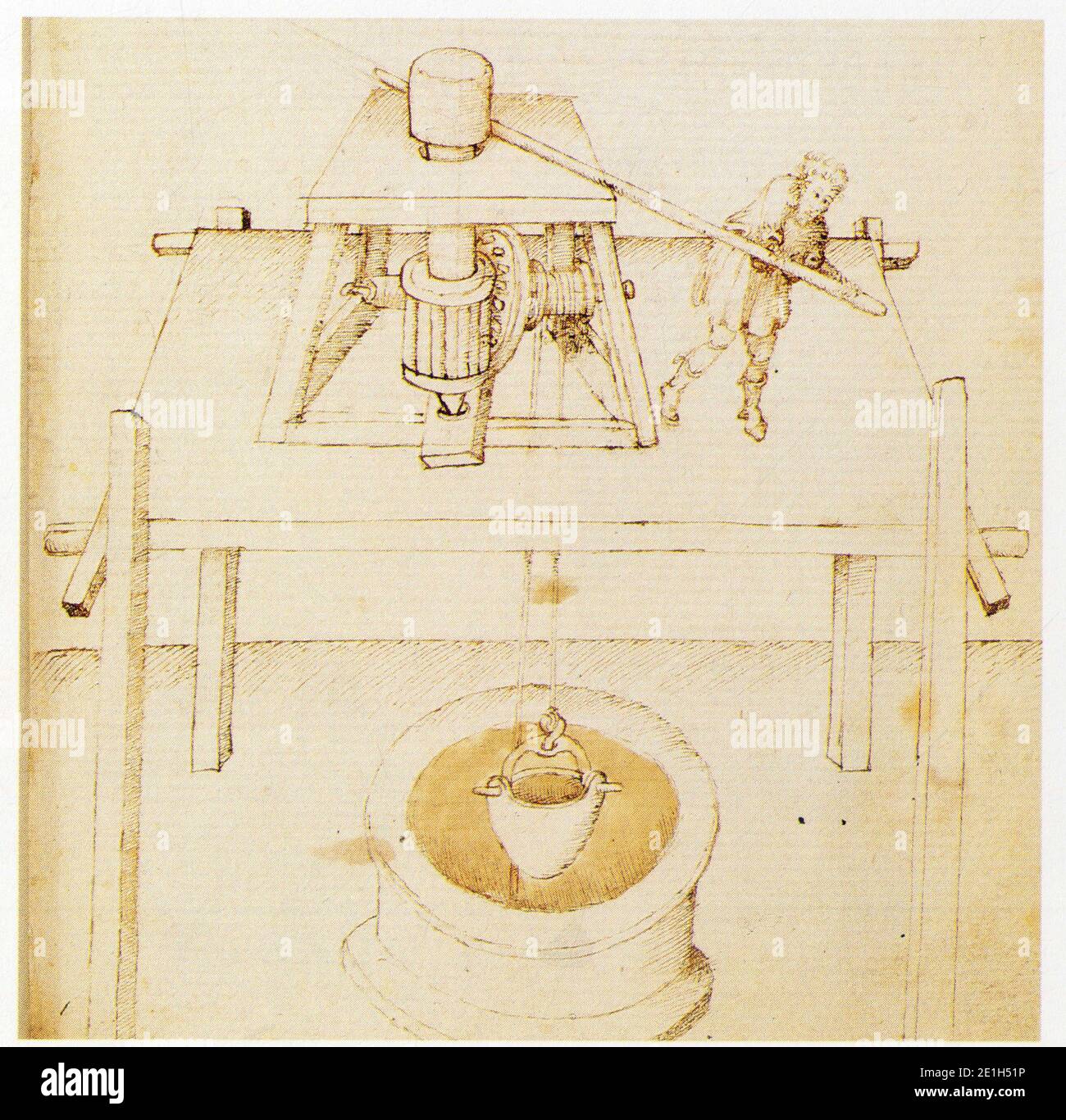 Mariano di Jacopo dit Taccola. 1382-1453. Treuil de puits actionné par un homme Stockfoto
